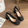 Fairy style small man height increase shallow mouth single shoes French versatile bow thick heel Mary Jane shoes 2025 new models