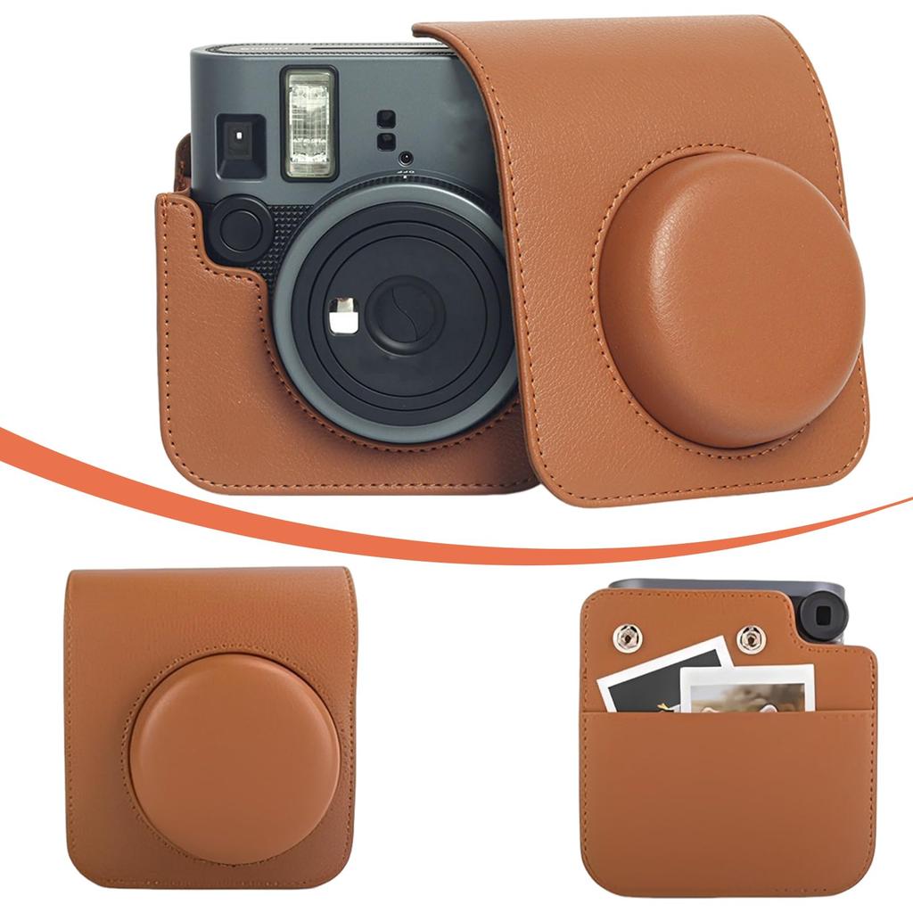 Protective camera case for Fuji Instax Mini 41 instant with photo pocket and adjustable shoulder compact and portable camera, strap, (Brown)