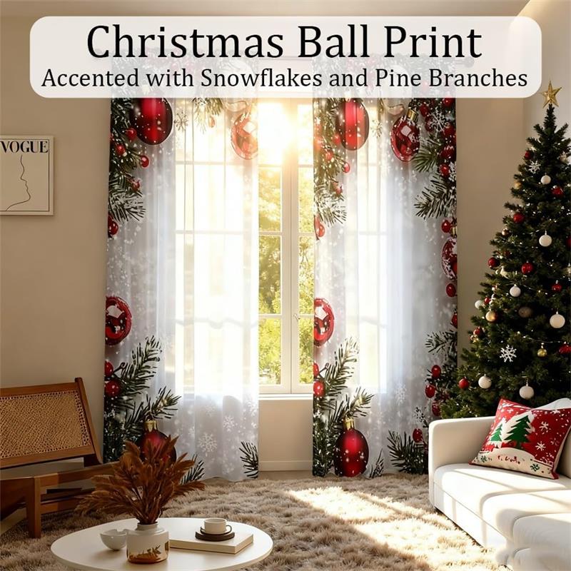 Christmas Ball Holiday Printed Curtains, 2 Pieces 2D Flat Printed Red Luxury Xmas Print Curtains with Snowflakes  for Holiday Party Decor