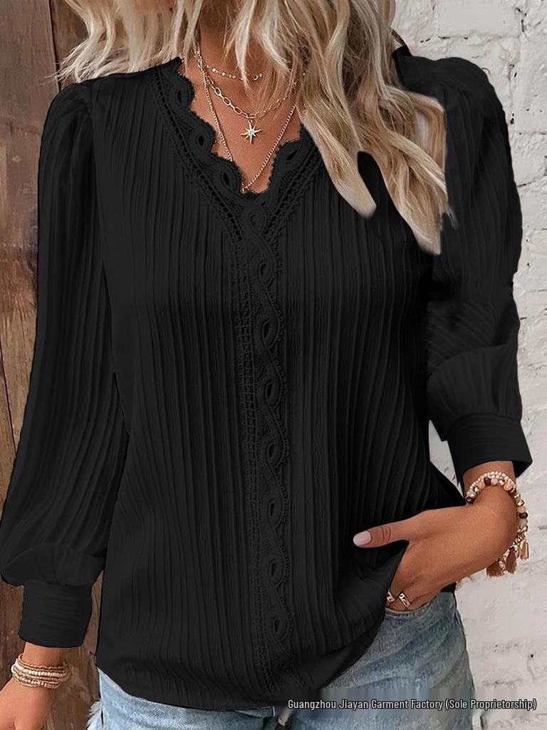 Autumn V-Neck Lace Splice Long Sleeve Shirt for Women