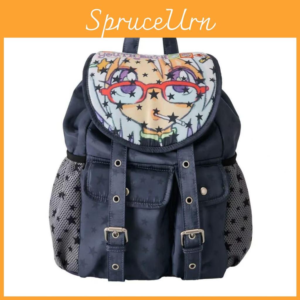 Star Cartoon Print Nylon Backpack With Waterresistant Design For Students And Casual Use