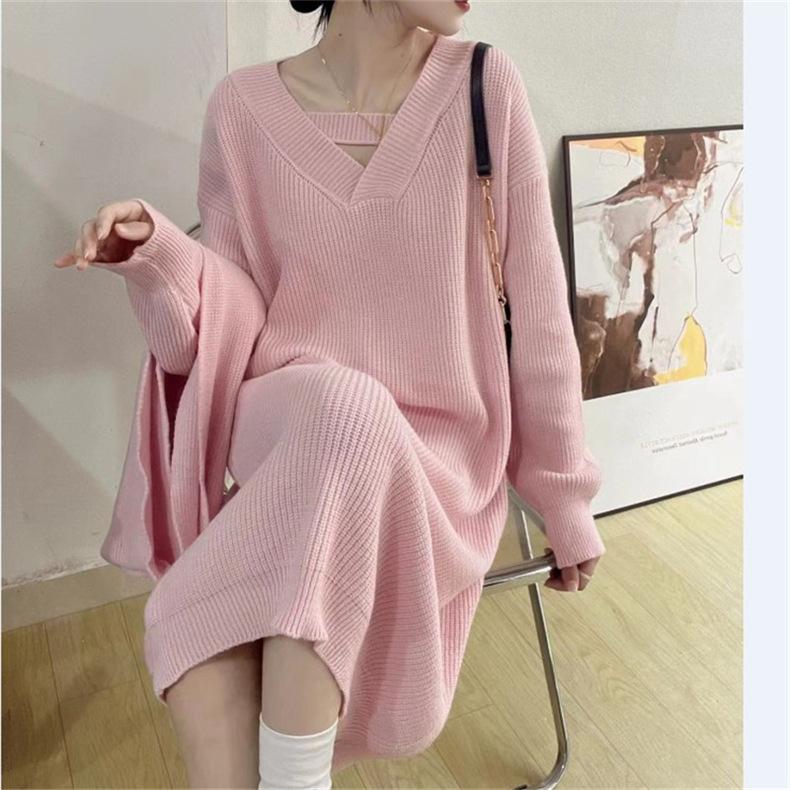 

GMXIA Женские повседневные трикотажные платья большого размера на осень и зиму, свободные однотонные свитера средней длины длиной до колена XL розовый