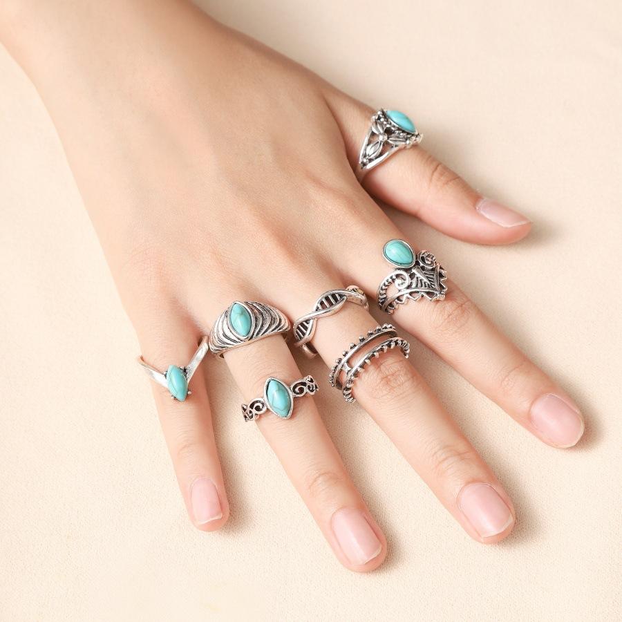 

7 шт. колец женские этнические ретро-кольца бирюзового цвета модные индивидуальные кольца набор серебряный