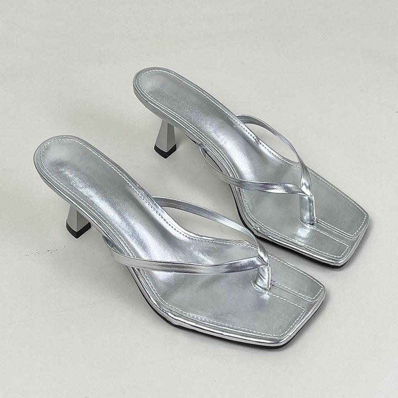 Fashion Golden Big Size Female Casual Footwear Slides Ladies Heels Slippers Shoes Fashion Shallow Women Heeled Sandals Slippers Silver