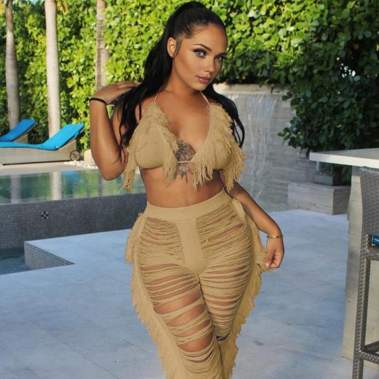 2 Pcs/Set Women Crop Top Pants Set Tassel Hollow Out Lace-up Halter Neck Beach Vacation Bra High Waist Ripped Knitted Hollow Out Trousers