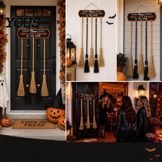 Funny Witchy Home Accents Halloween Broom Parking Sign, Check Your Brooms Wooden Wall Hanging Sign Witch Themed Door with Hooks for Indoor Outdoor