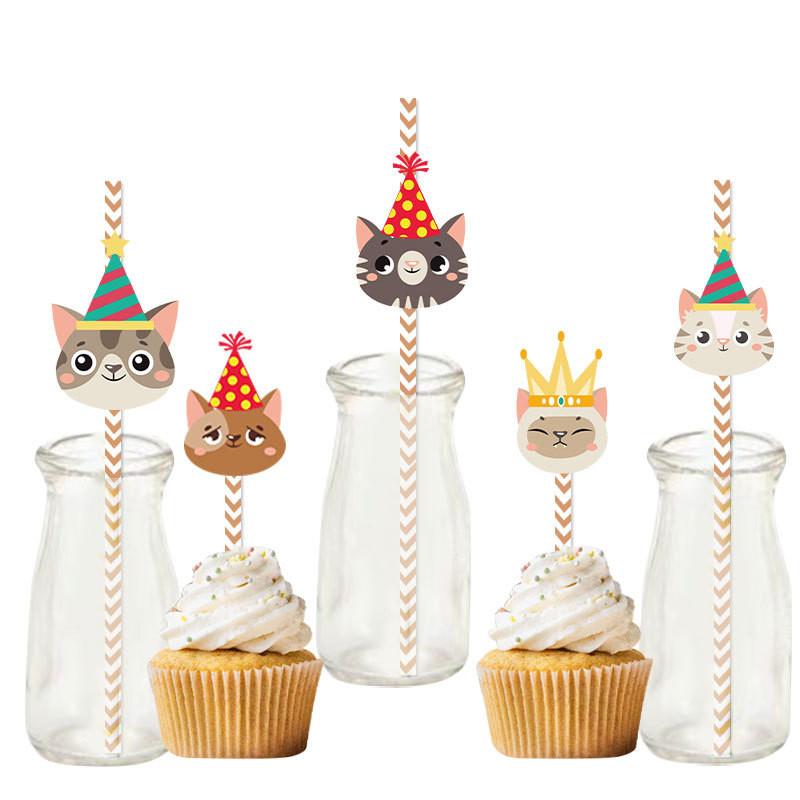Cat Childrens Cartoon Party Supplies 24pcs Paper Straws For Event Decor Festival