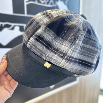Early Autumn New Plaid Splicing Octagonal Hat Women's Belt Buckle Newsboy Hat Tide