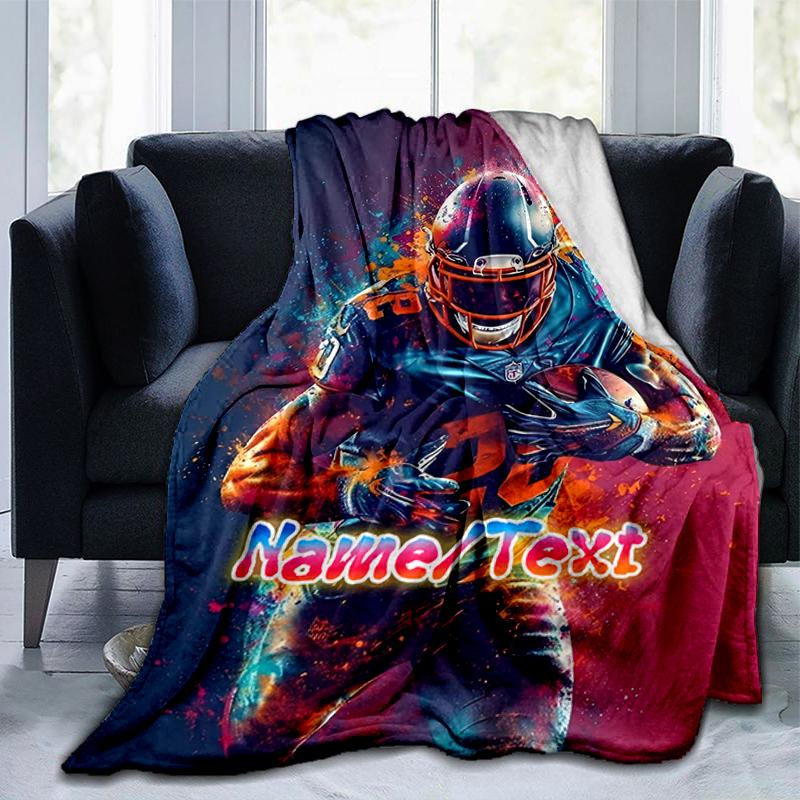 1PC Custom Name "Dynamic Football Player Art" flannel blanket versatile,all-season throw suitable for the living room,bedroom,camping,travel,and gift