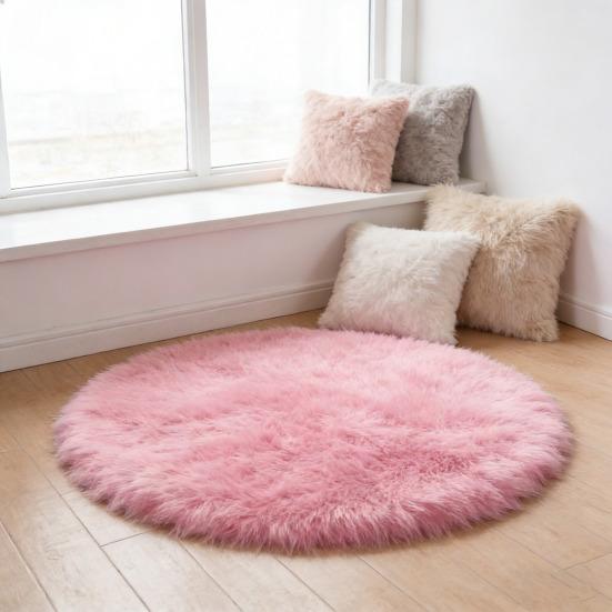 Furry Round Floor Mat Plush Soft Bedroom Rug Solid Color Machine Washable Fluffy Area Rug for Kids Rooms Nursery Living Room