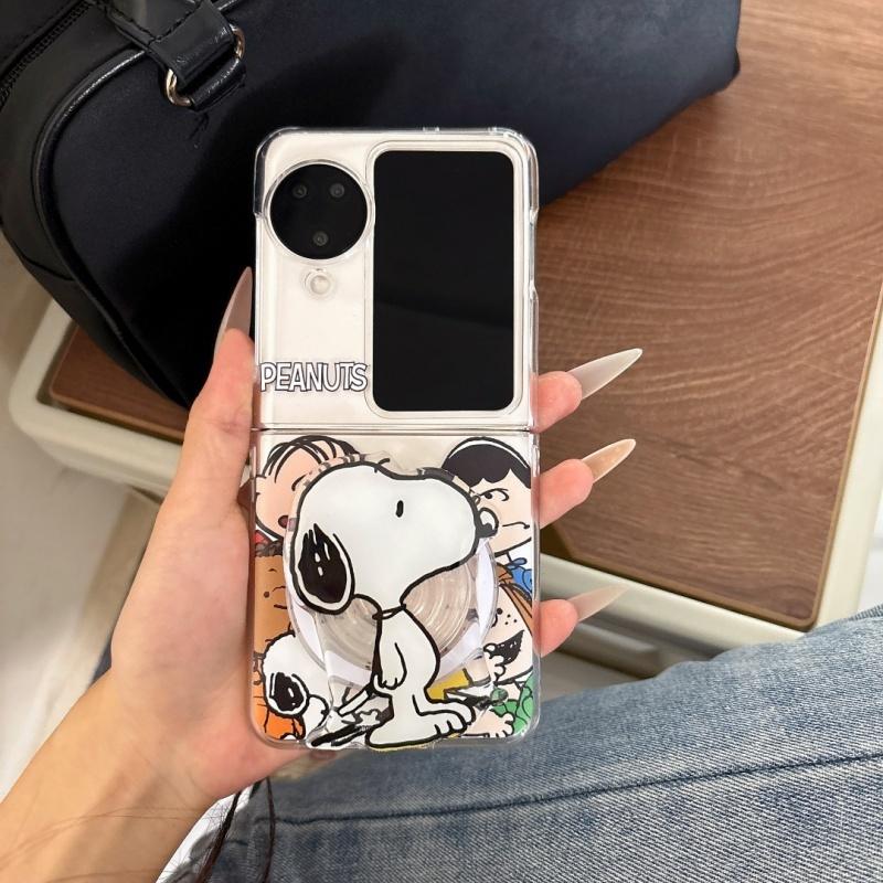 Cute lattice Cartoon Funny Snoopy Folding Magsafe Wireless Charge Phone Case For OPPO Find N2Flip N3Flip 3D Magnetic Holder