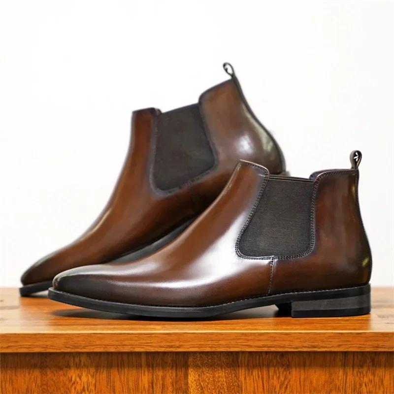 Autumn Winter Square Head PU Ankle Boot Business Casual Men Short Boots Fashion Men's Chelsea Boots Handmade Leather Shoes