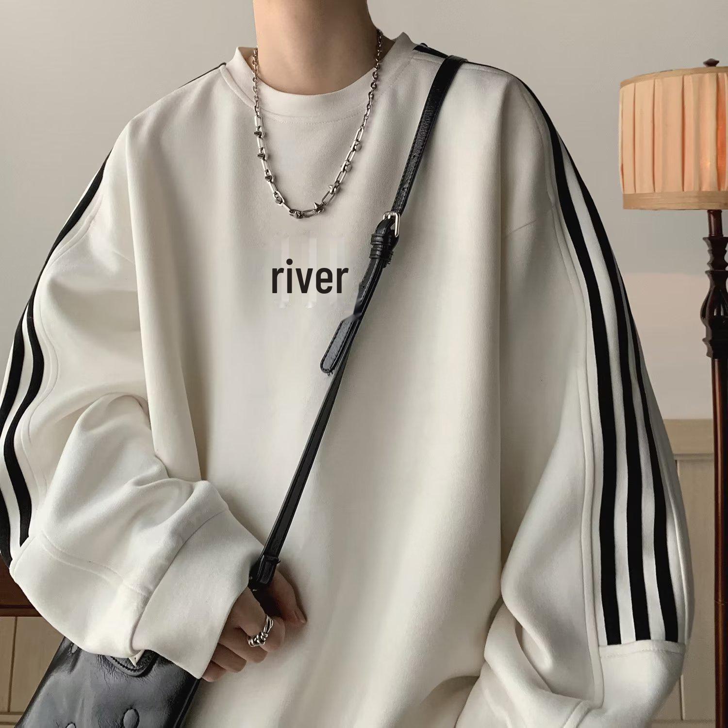 

Мужская замшевая полосатая ретро-толстовка - круглая горловина, свободный крой, модный брендовый топ на весну/осень M абрикосовый