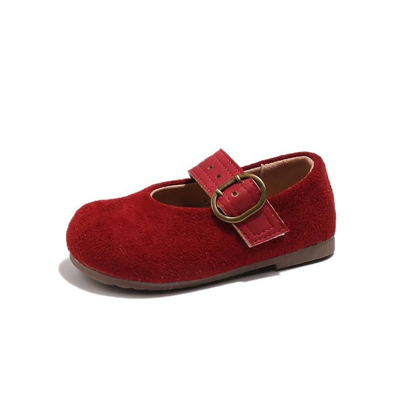 Girls Retro French Style PU Flat Shoes With Soft Sole Magic Tape Wear