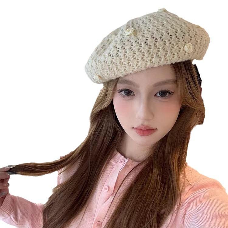 Rose hollow knitted beret women's thin face small painter hat versatile big head circumference hat tide