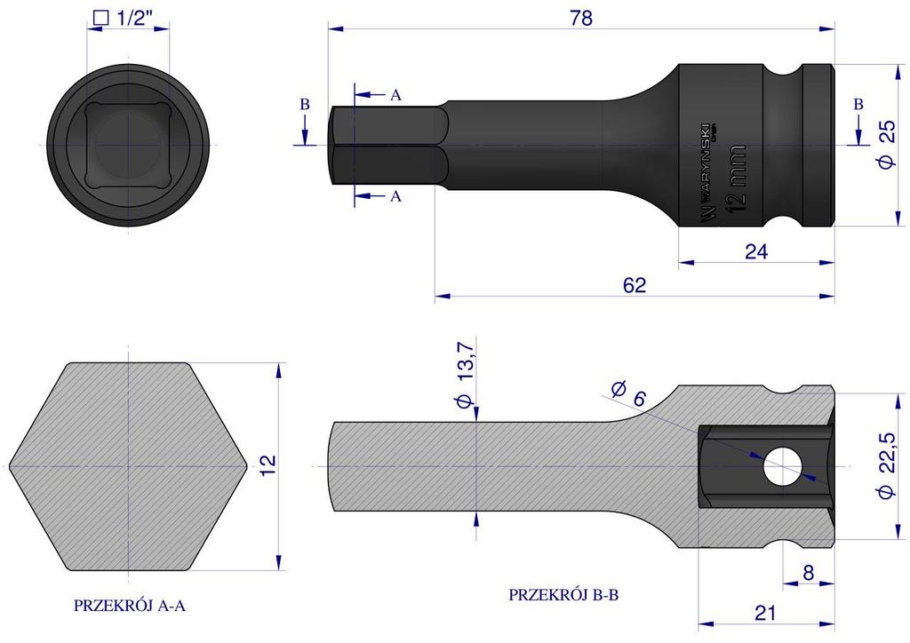 1/2" impact socket, 12mm hex H12, CrMo steel, Waryński