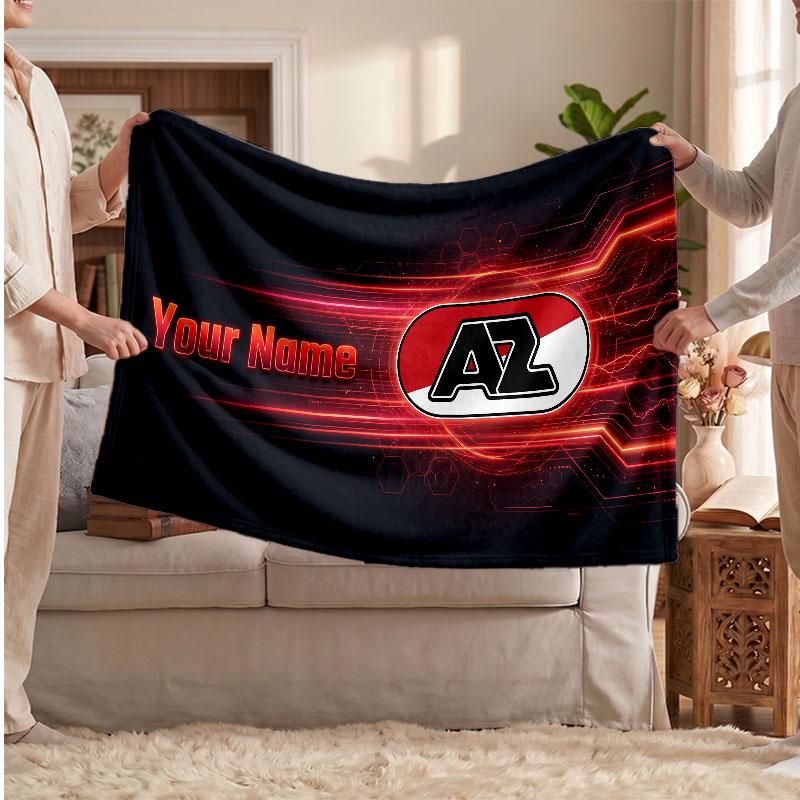AZ Alkmaar Personalized Fleece Blanket With Football Logo, Custom Name Text Soft Warm Home Throw Blanket