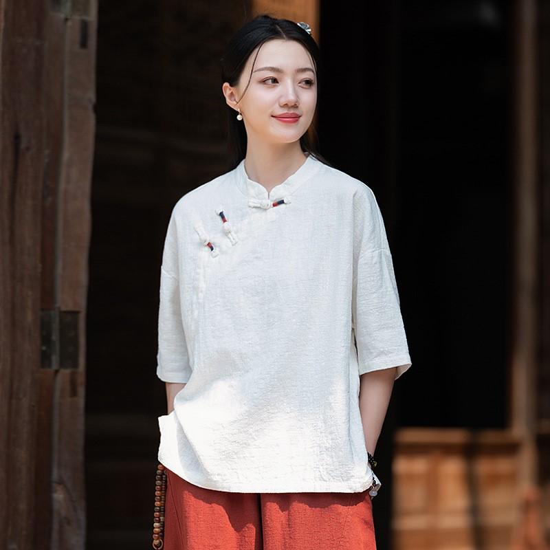 Johnature Women Chinese Style Shirts Tops Solid Color Summer Stand Button Vintage Women Shirts