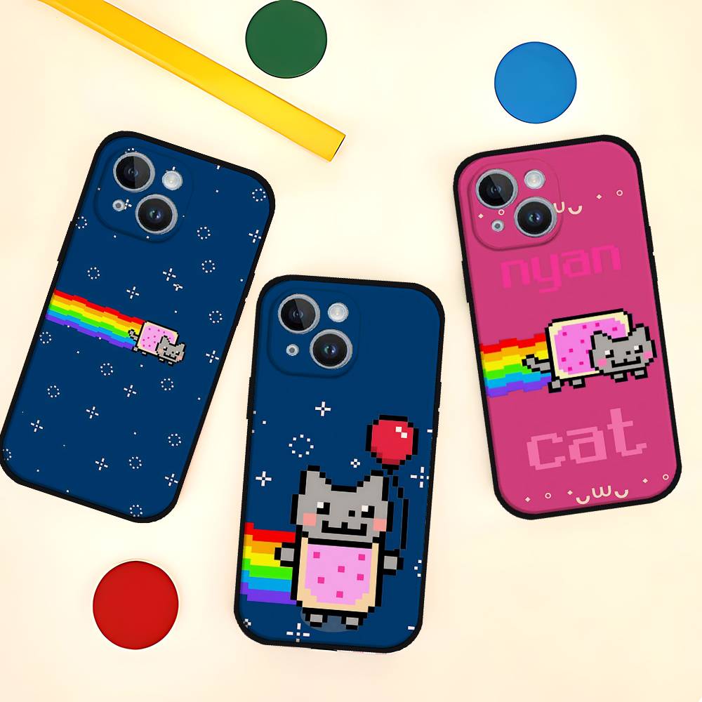 Roztomilý Vtipný Kočka N-nyan Pouzdro na Telefon Pouzdro na Telefon Pro IPhone 17,16,15,14,13,12,11,Pro,Plus,Mini Měkký Černý Kryt