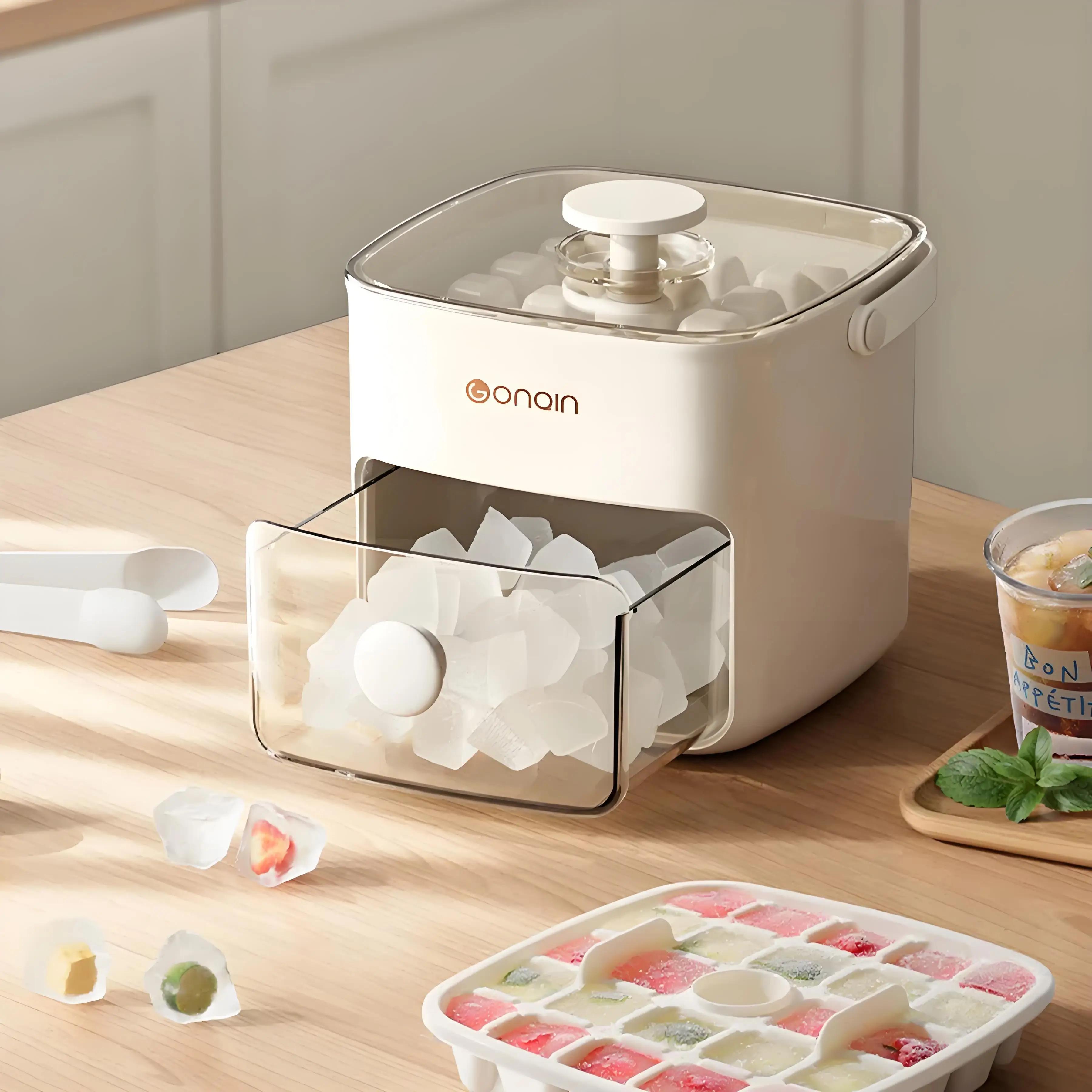 

48-Block Ice Cube Machine with Easy-press Lid, Large Capacity, Double-layer Design, Food-grade Refrigerator Plastic Storage слоновая кость