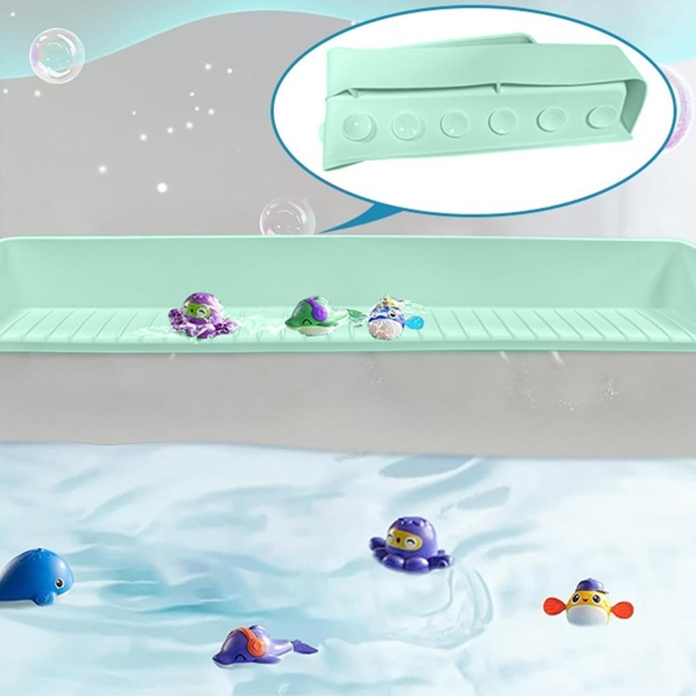 Silicone Bath Tub Splash Guard with 11 Suction Cups Doll Tray Caddy Holder Storage with 3°Drainage Slope Doll Holder Play Shelf