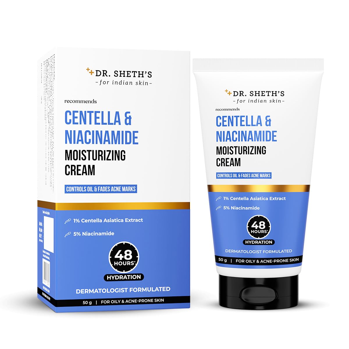 Dr. Sheth s Centella And Niacinamide Moisturizing Cream |For Oily & Acne Prone Skin | Fades Acne Marks & Controls Excess Oil | 48-Hour* Hydration|