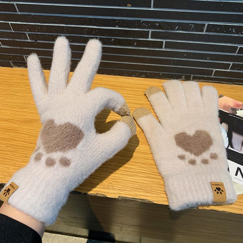 Gloves for Women In Winter, Thickened and Warm, Touch-screen Knitted, Cute, Plush, Wool, Cycling, Cold-proof, Split-fingered Students, Winter