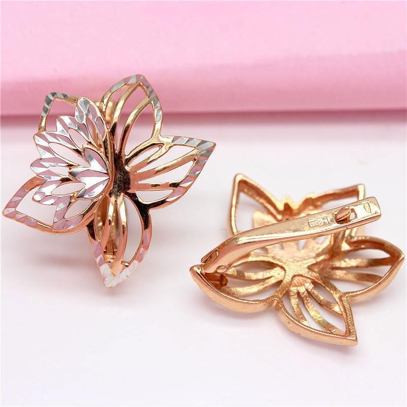 585 Violettgold 14K Roségold filigran ausgearbeitete Zweiblüten-Ohrringe für Damen romantischer leichter Luxus Verlobungsschmuck