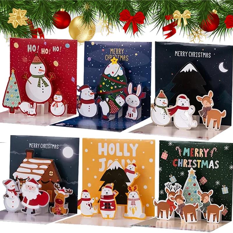 6/1PC 3D Christmas Pop-up Card Santa Snowman Xmas Greeting Cards New Year Decoration Party Invitations Gift Friends Postcard