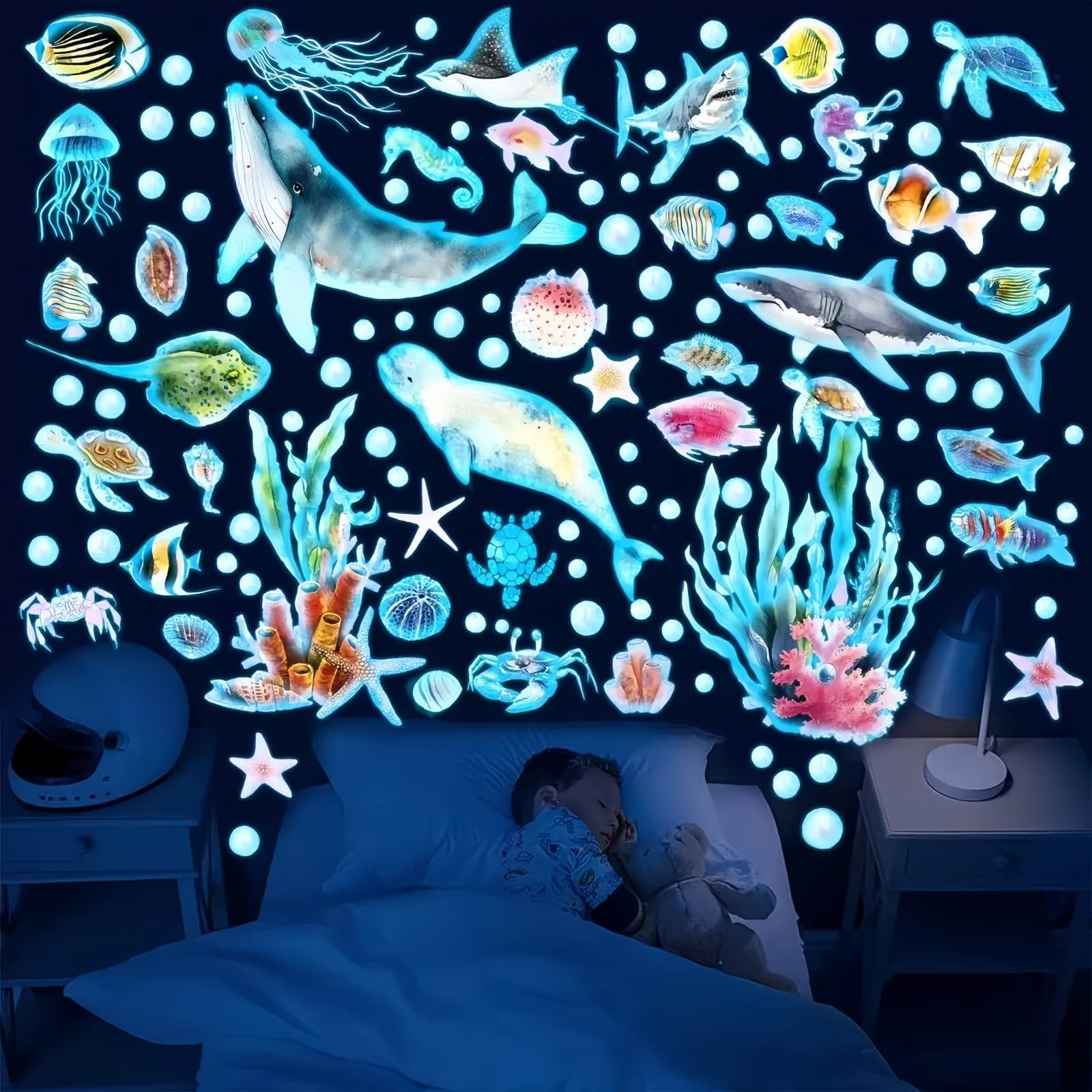 

Светящийся дизайн Moruna Sea Life для и Классных комнат Светящиеся Морские Светящиеся в темноте Наклейки, Флуоресцентные, Детских Комнат, Детских Садов, (Синяя Жизнь)