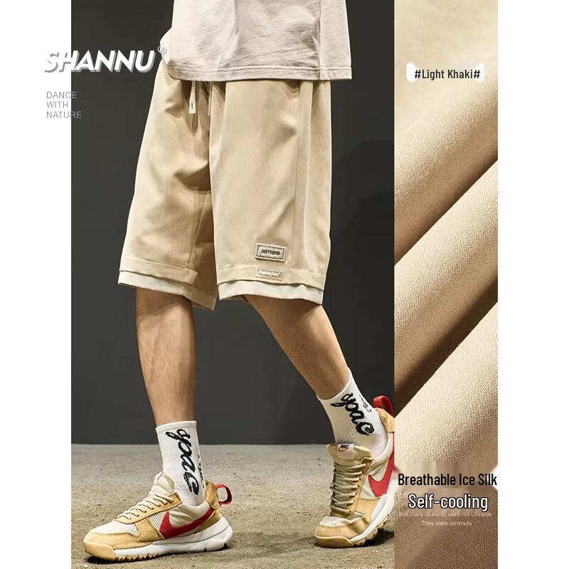 

SHANNU Men s Ice Silk Quick-Dry Faux Two-Piece Shorts L
