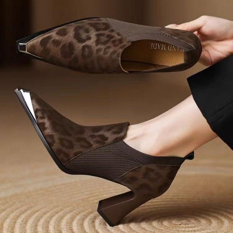 Leopard Print Block Heel High Heels Women Spring and Autumn New Soft Leather Metal Pointed Toe Deep Mouth Single Shoes