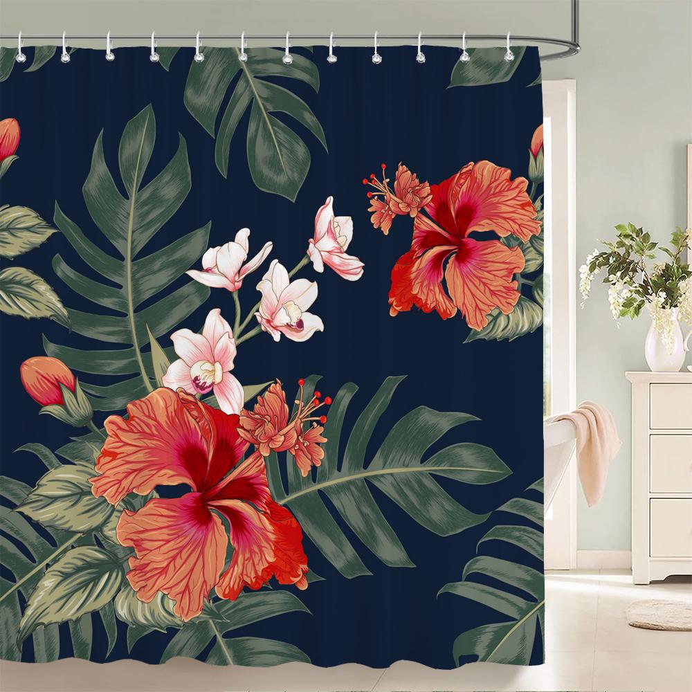1Pcs Tropical Plants Black and Gold Leaves Printed Fabric Waterproof Shower Curtain, Bathroom Decoration Curtain, with Hooks