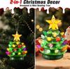 Mini LED Ceramic Christmas Tree, 3.5' Green Vintage Ornament with Lights & Stars for Tabletop or Mantel Decor