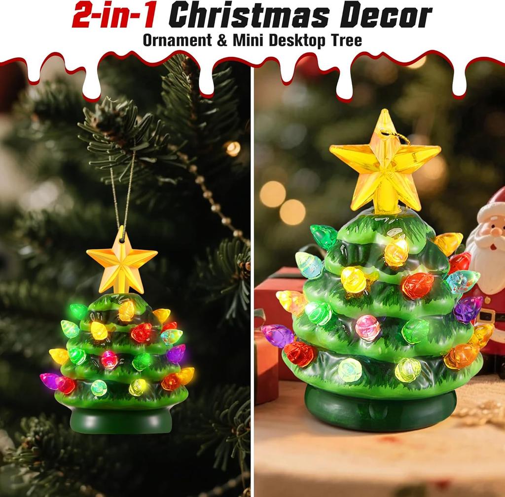Mini LED Ceramic Christmas Tree, 3.5' Green Vintage Ornament with Lights & Stars for Tabletop or Mantel Decor