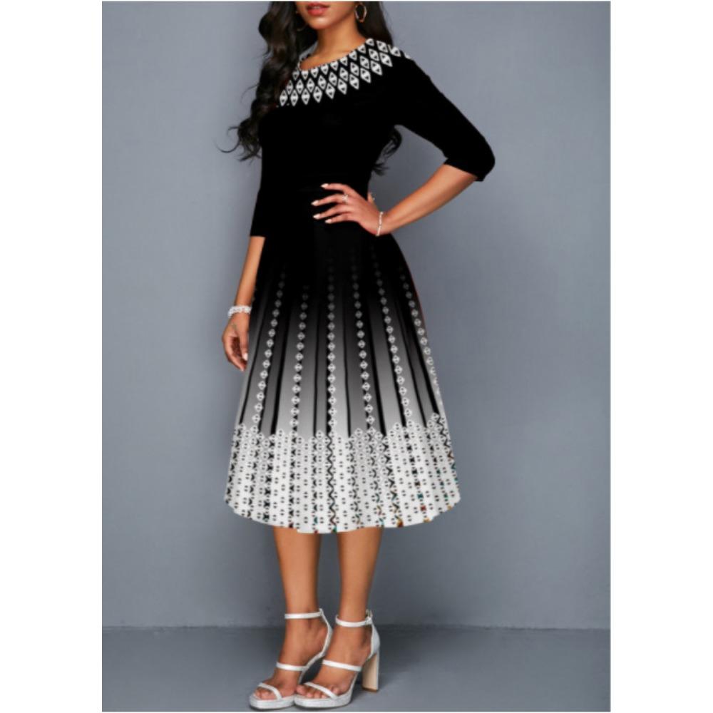 Women's Gradient Fashion Printed Temperament Mid Sleeve Waist Cinched Dress