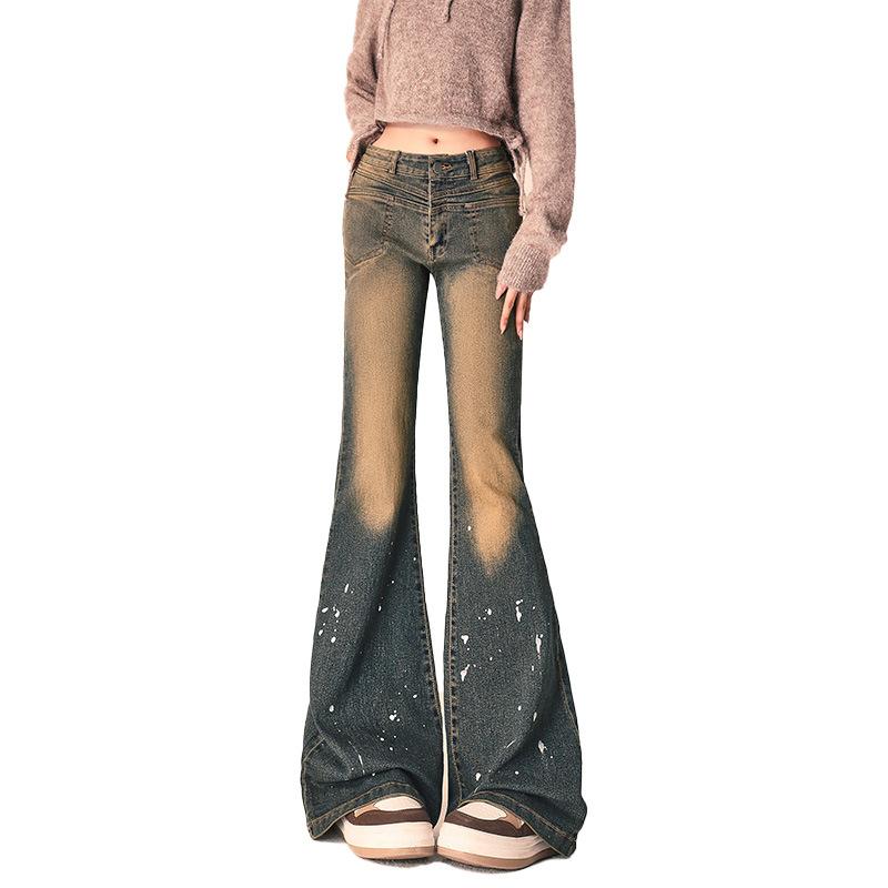 

Утолщенные пестрые синие узкие расклешенные джинсы для женщин и тонкие расклешенные длинные брюки с высокой талией в форме подковы L серый