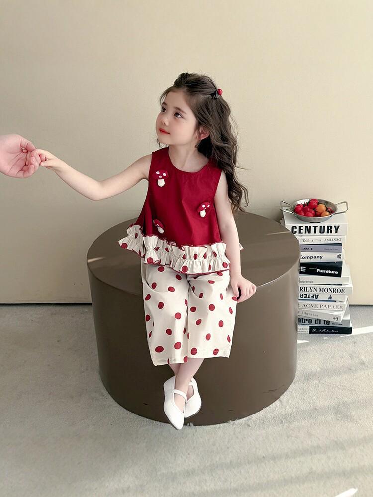 Girls' Summer 3D Mushroom Sleeveless Vest & Polka Dot Wide-Leg Pants Set