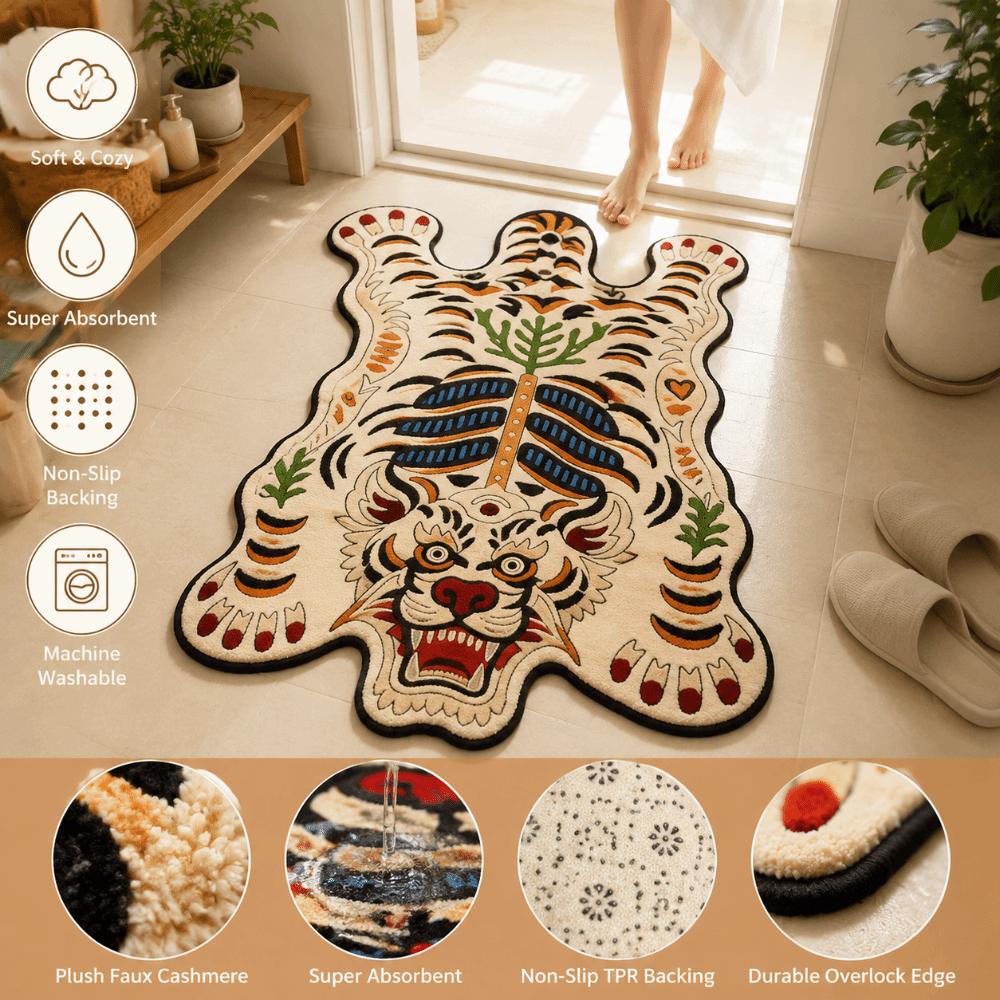 2D Flat Tiger Tiger Carpet Non Slip Creative Floor Mat Retro Area Rug  For Children