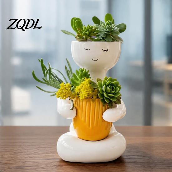 Flowerpot for Small Plants Smiling Face Plant Pot, Double Planting Space Planter, Cute Resin Head Planter Sitting Figure Succulents, Home Office