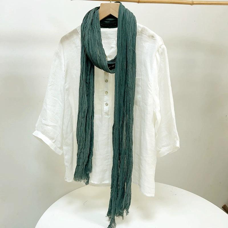 Solid Color Cotton Crinkled Scarf for Women Retro Neck Warmer Decorative Narrow Long Striped Scarf Wrap Shawl for Autumn 220cm