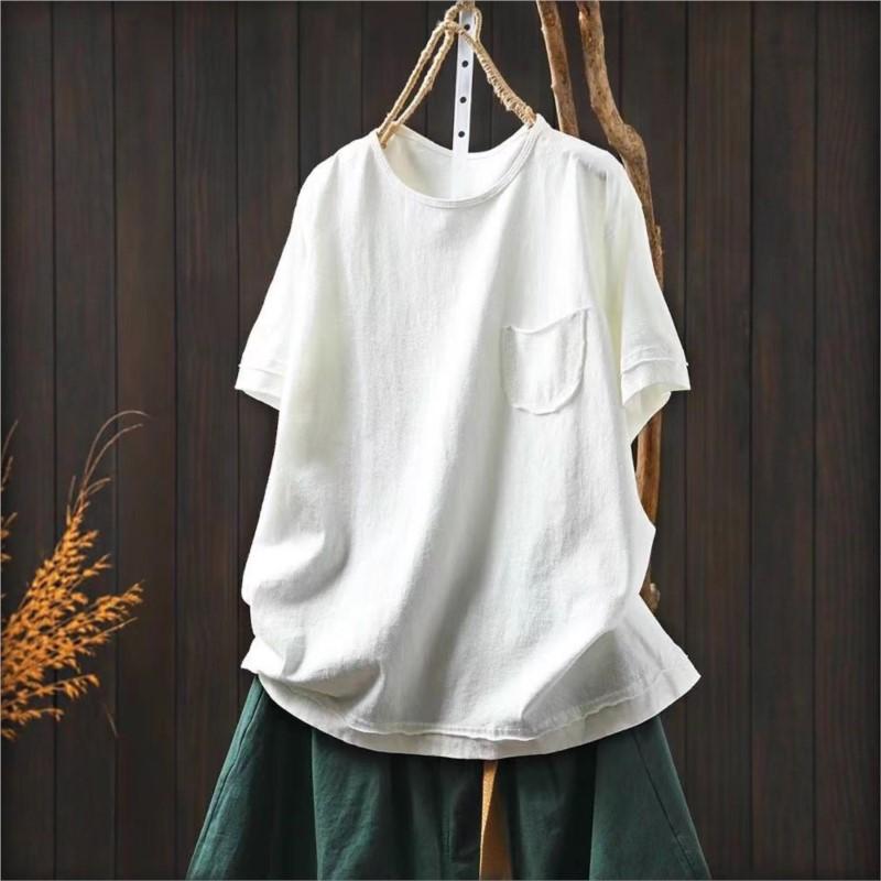 Johnature Women Vintage T-Shirts O-Neck Short Sleeve Soft Summer Patchwork Pockets Casual T-shirts Female
