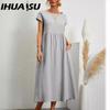 IHUASU Women's Fashion Summer Spring Solid Color Print O-Neck High Waist Casual Dresses