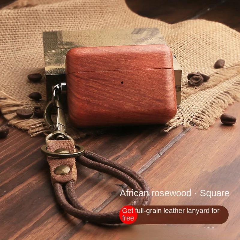 Luxury Solid Wood Earphone Case For AirPods Pro 3 Pro2 Protective Cover For AirPods 1/2/3/4 Shell+Wrist Strap Cowhide Lanyard