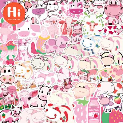 50 Zodiac Cow Stickers Cute Cartoon Strawberry Cow Expression Stickers Stationery Water Cup Notebook Waterproof Decoration Decal