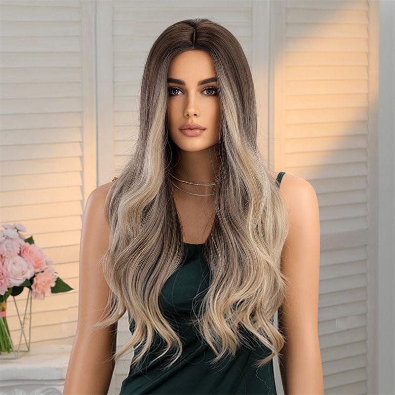 

Коричневый длинный вьющийся парик с полной головой, женский парик с большой волной, модный средний градиент 60cm