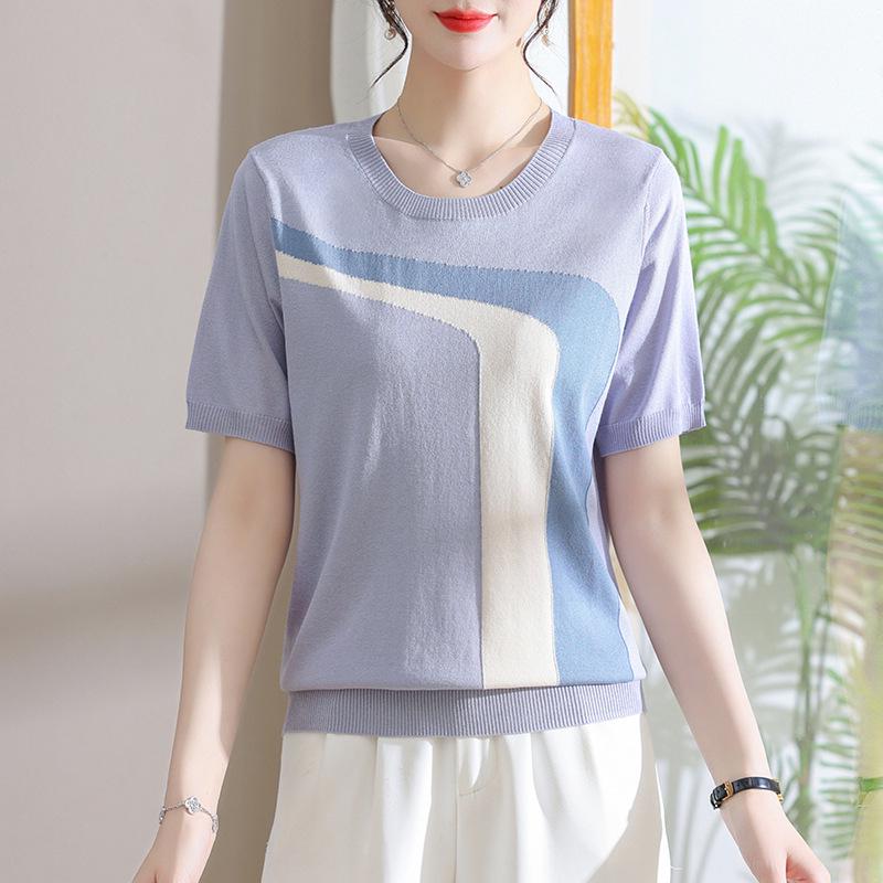 

Young Mother s Stylish Ice Silk Knit Short Sleeve T-Shirt 110 сірий колір/небо