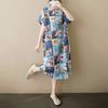 Real Shot Summer New Fat Mm Cotton and Linen Retro Flower Literary Over The Knee Medium and Long Dress Women