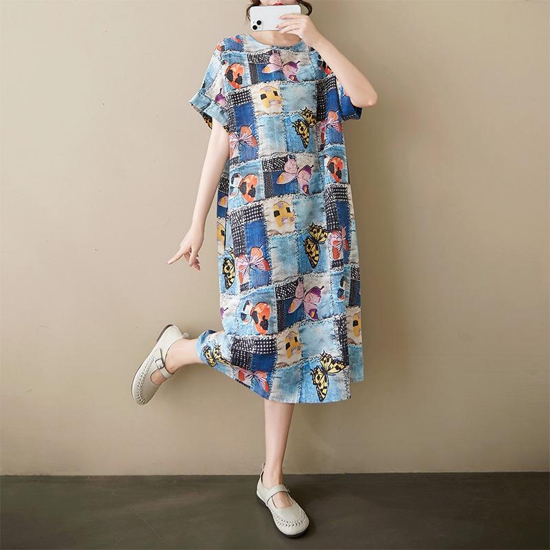 Real Shot Summer New Fat Mm Cotton and Linen Retro Flower Literary Over The Knee Medium and Long Dress Women
