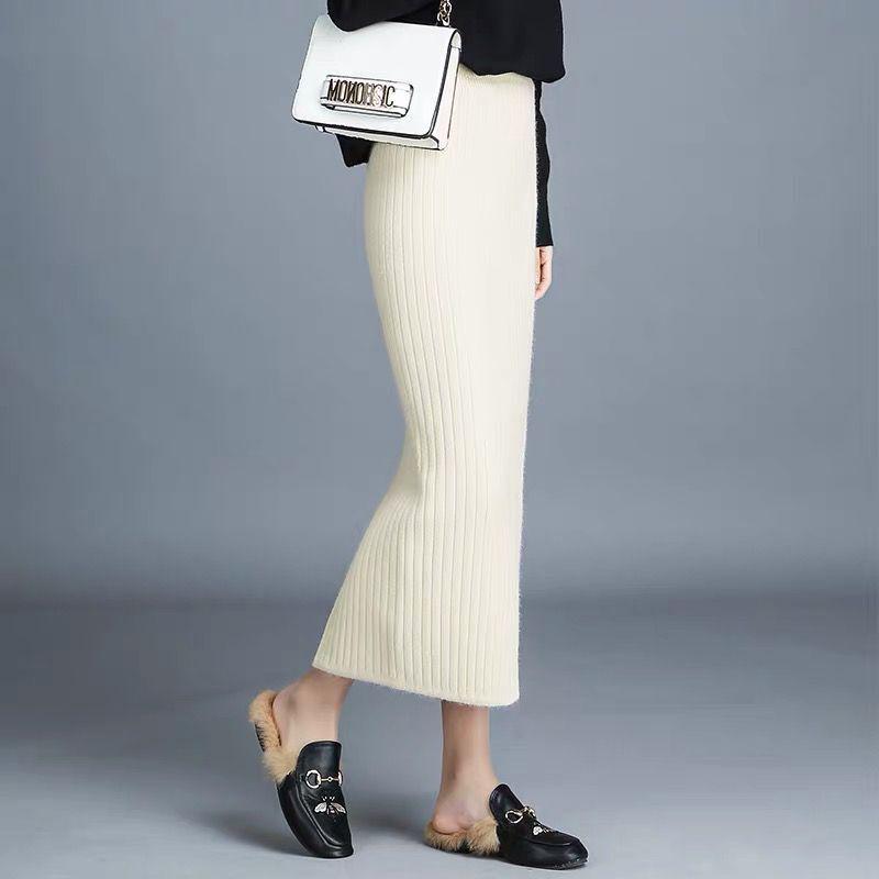2021 Women's High-Waist Knitted Wool Skirt: Autumn/Winter, Thick, Long, Slim Fit, with Slit